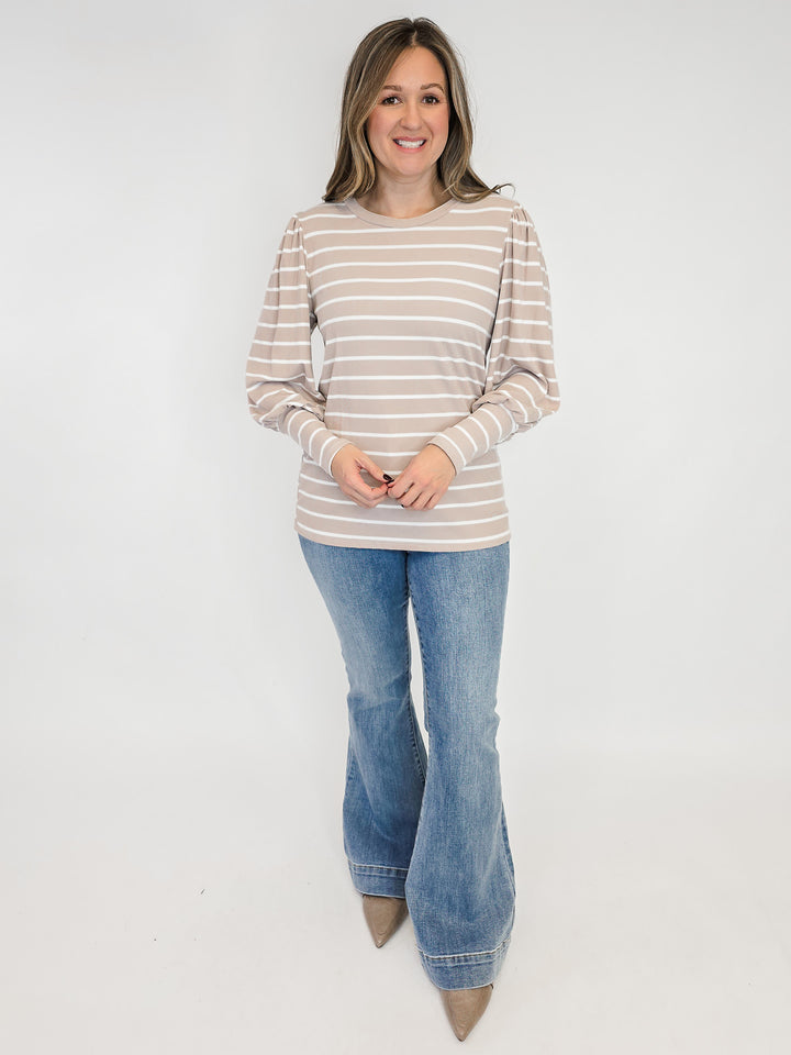 PUFF LONG SLEEVE STRIPED TOP - TAUPE