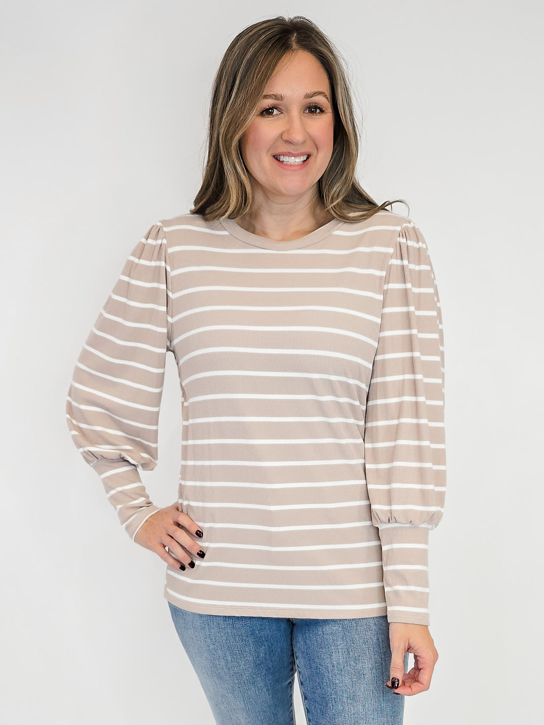 PUFF LONG SLEEVE STRIPED TOP - TAUPE
