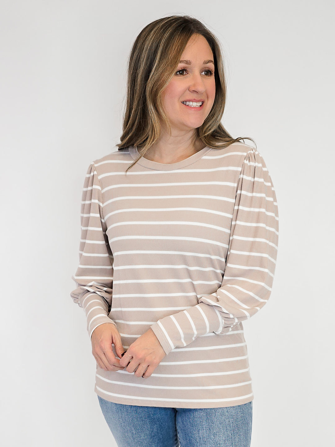 PUFF LONG SLEEVE STRIPED TOP - TAUPE