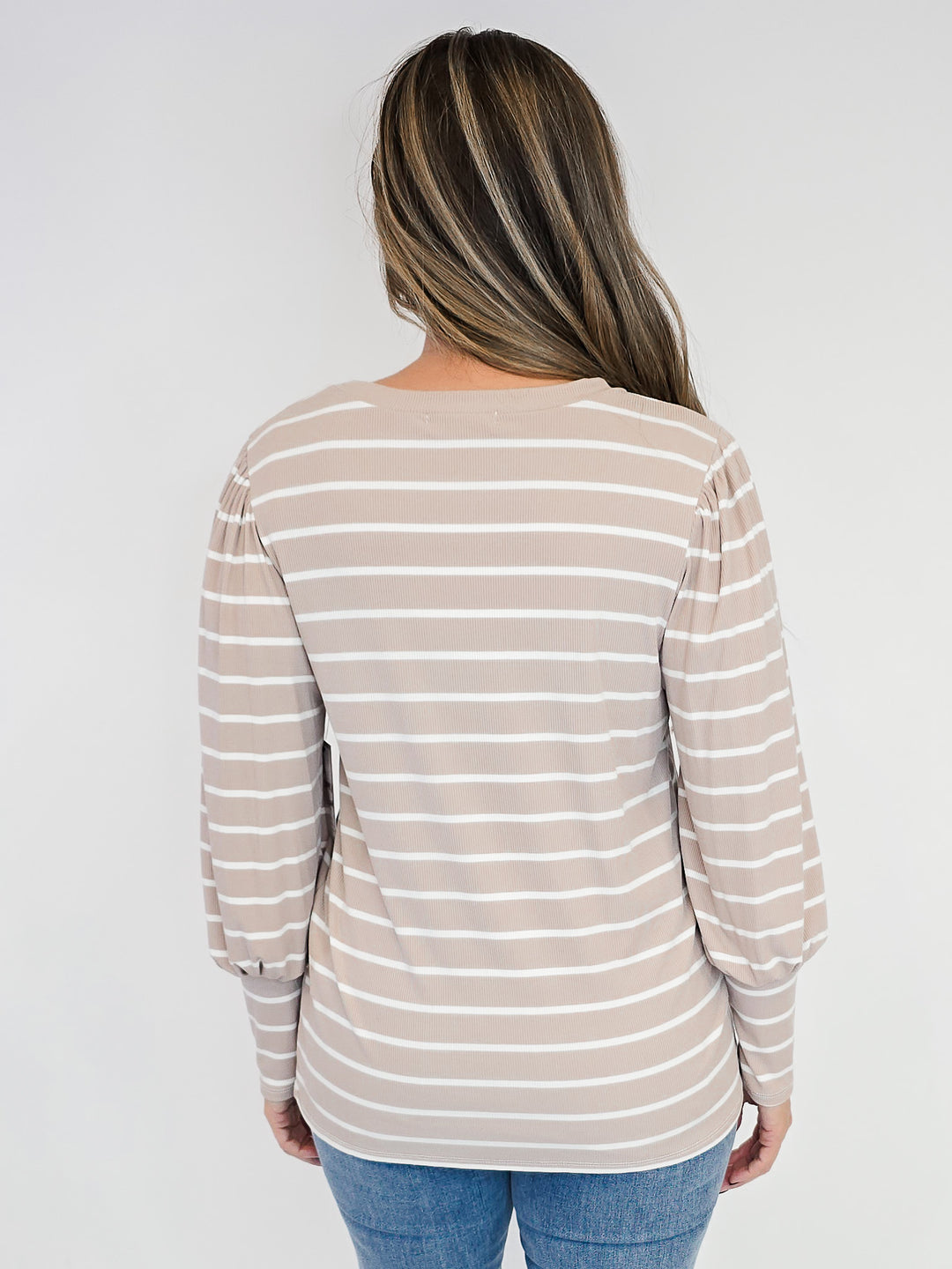 PUFF LONG SLEEVE STRIPED TOP - TAUPE
