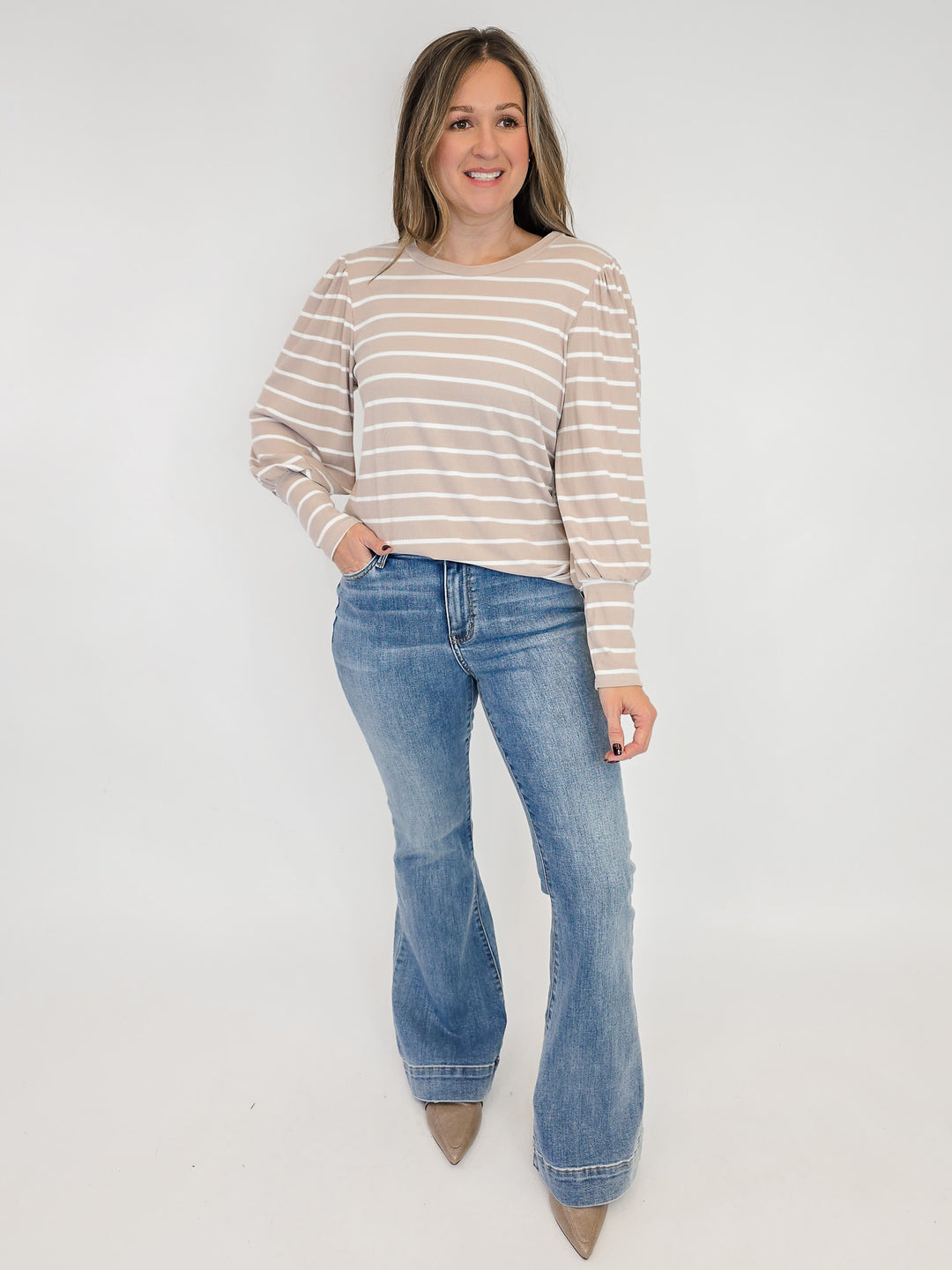 PUFF LONG SLEEVE STRIPED TOP - TAUPE