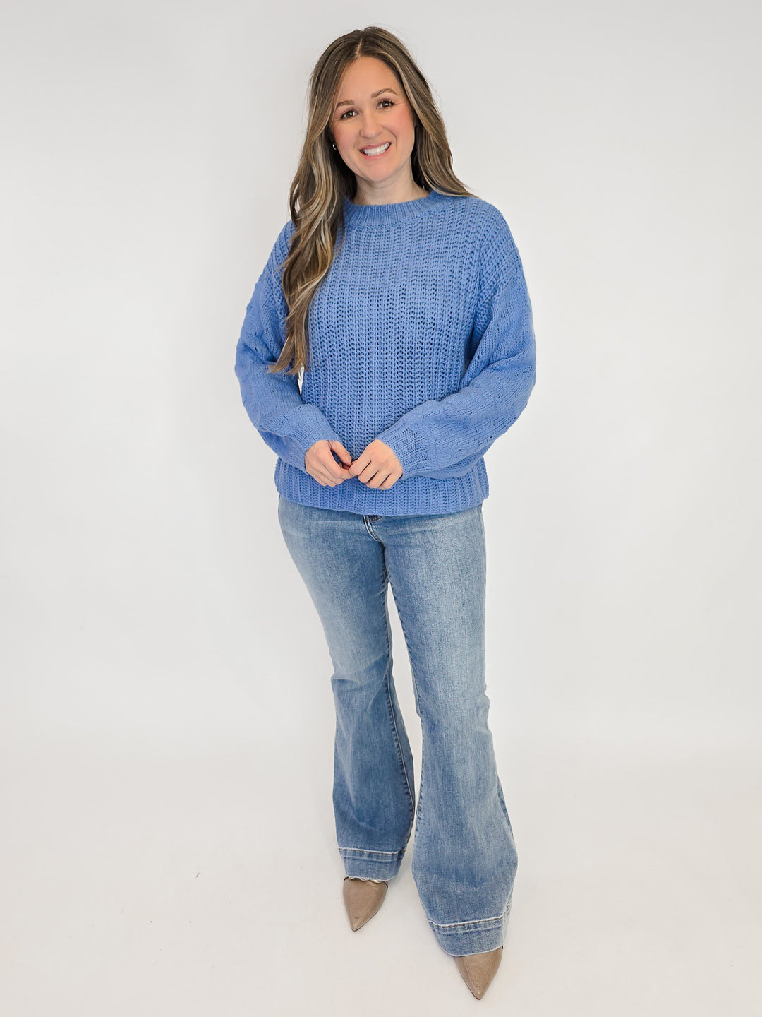 TEXTURED PUFF SLEEVE KNIT SWEATER - CADET BLUE