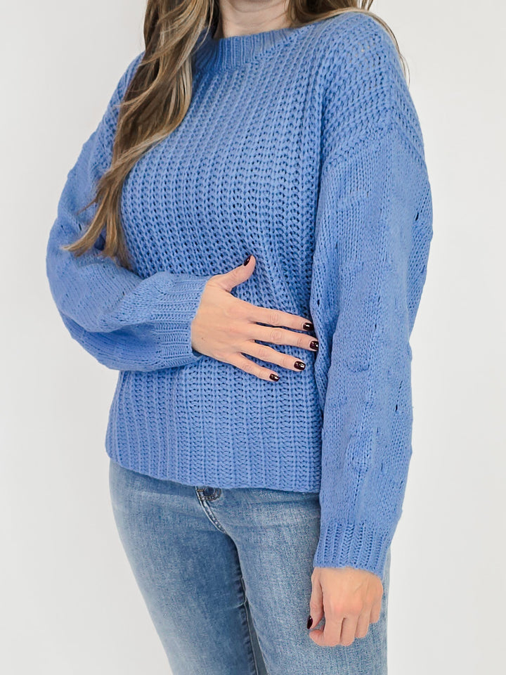 TEXTURED PUFF SLEEVE KNIT SWEATER - CADET BLUE