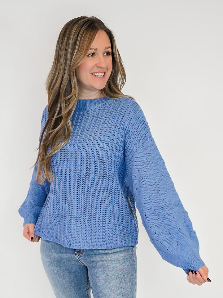 TEXTURED PUFF SLEEVE KNIT SWEATER - CADET BLUE