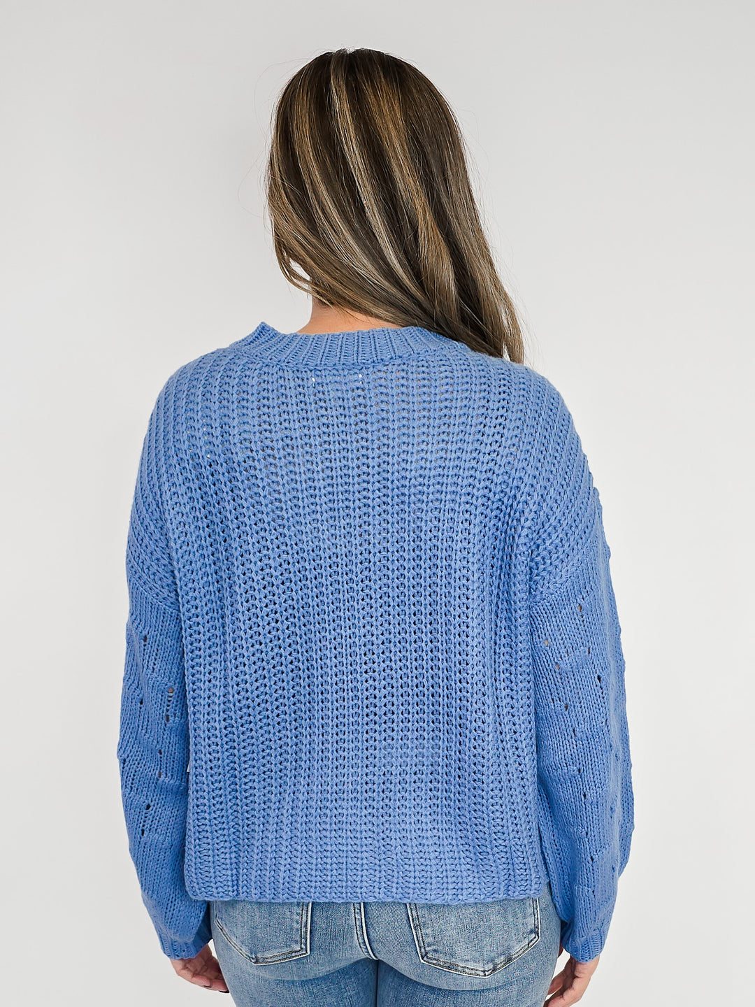 TEXTURED PUFF SLEEVE KNIT SWEATER - CADET BLUE