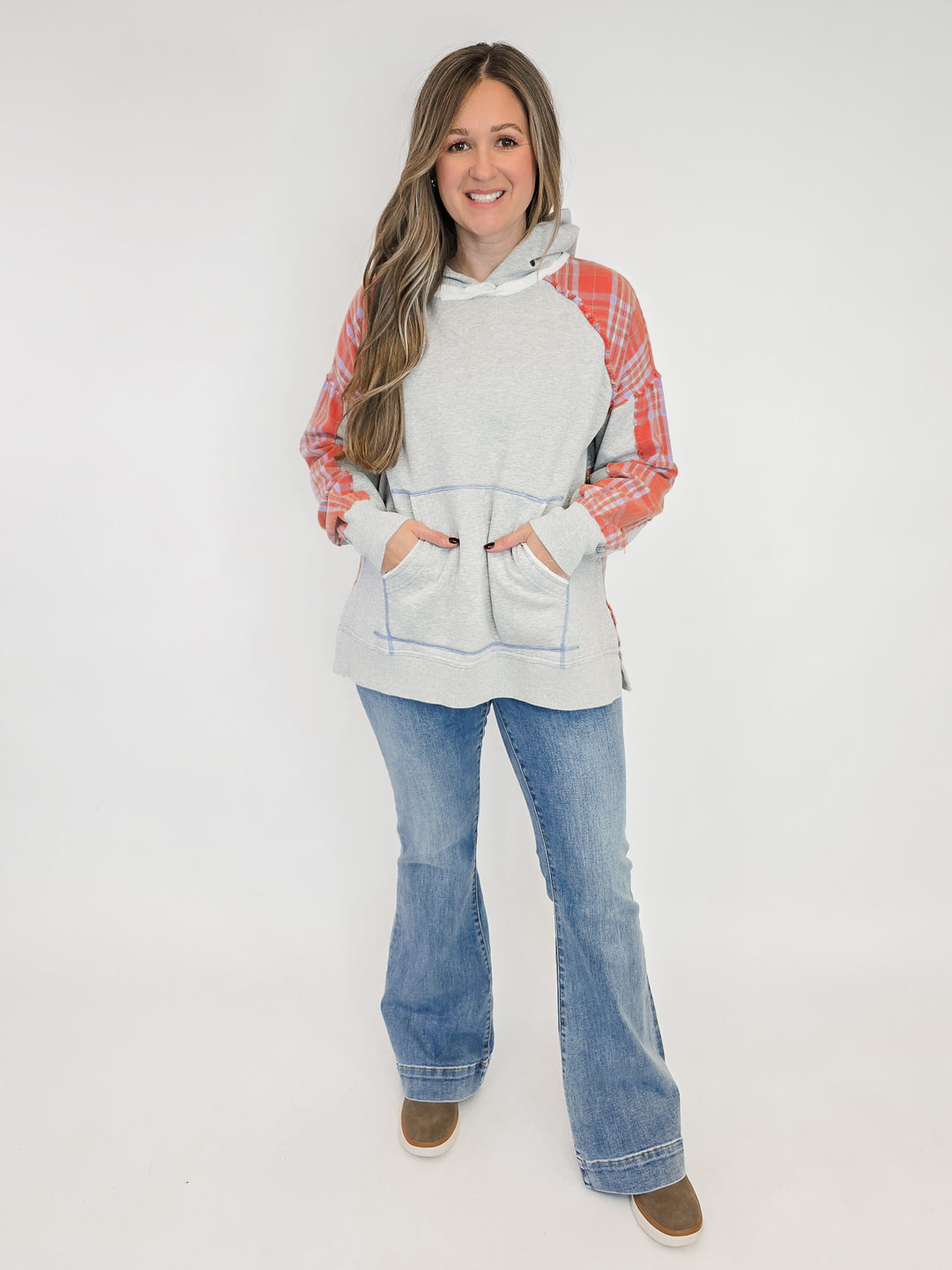 PLAID MIX TERRY PULLOVER HOODIE - HEATHER GREY