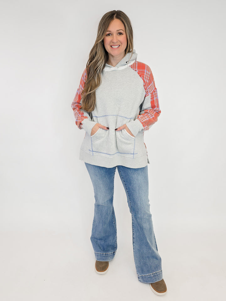 PLAID MIX TERRY PULLOVER HOODIE - HEATHER GREY