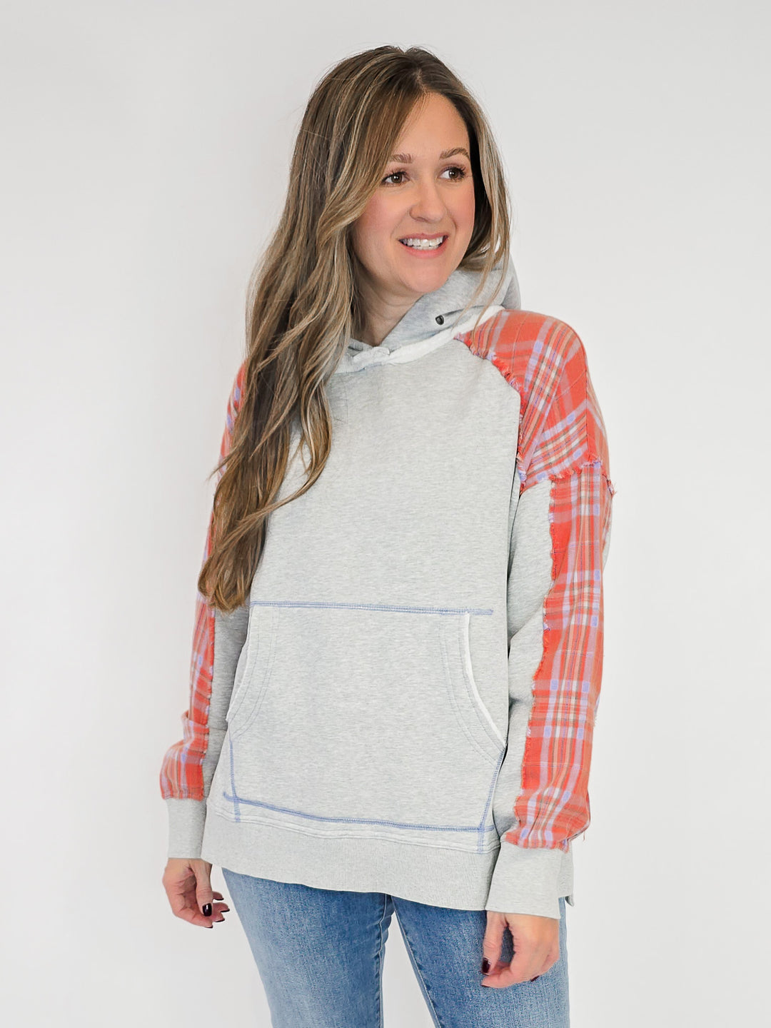 PLAID MIX TERRY PULLOVER HOODIE - HEATHER GREY