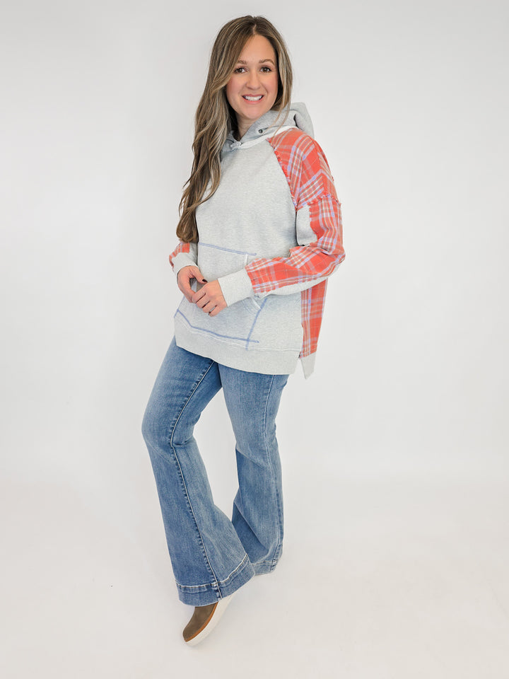 PLAID MIX TERRY PULLOVER HOODIE - HEATHER GREY