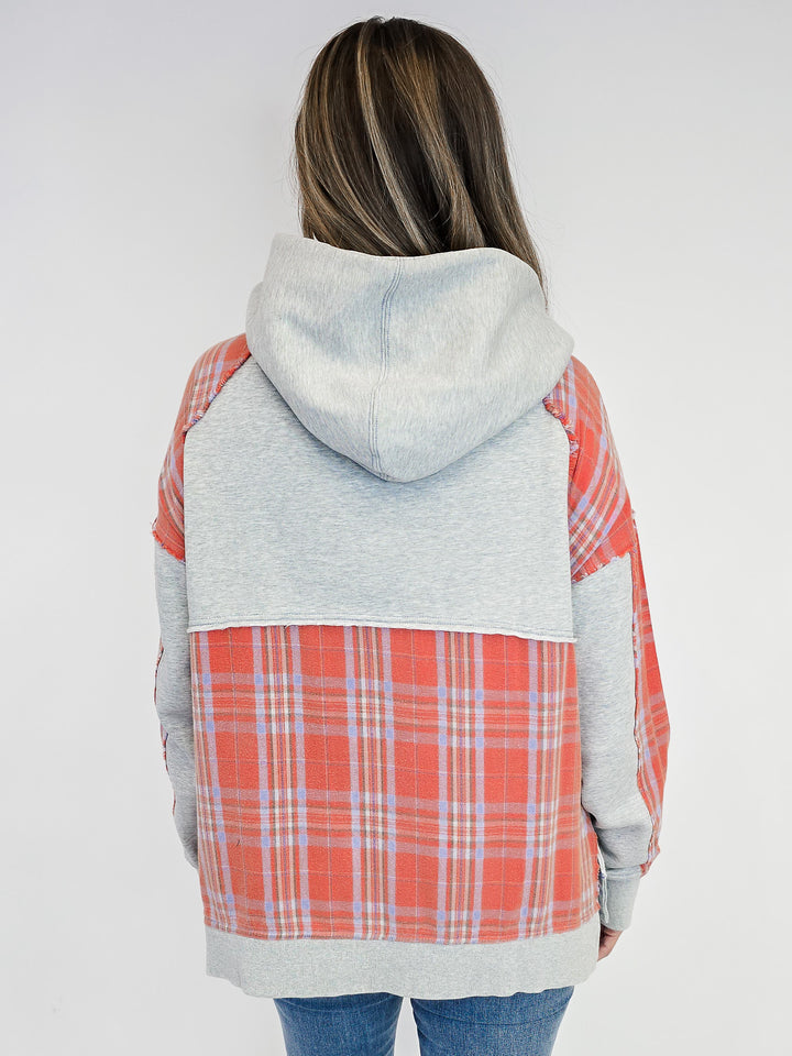 PLAID MIX TERRY PULLOVER HOODIE - HEATHER GREY
