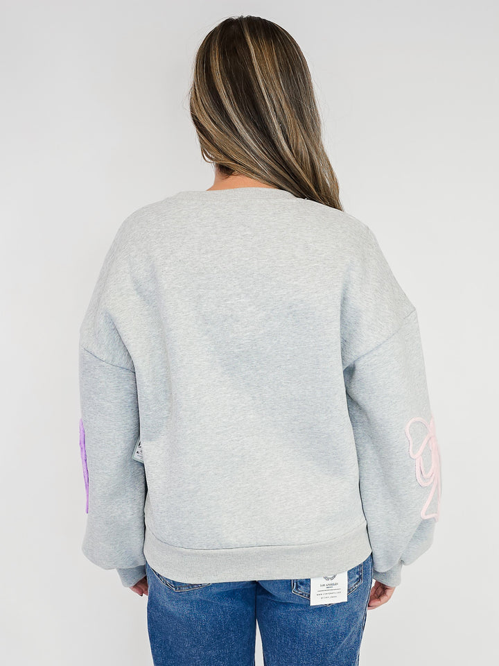 3-D YARN COLORFUL BOWS SWEATSHIRT - GREY