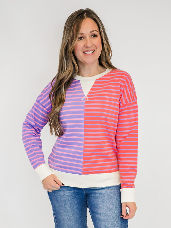 COLOR TRIMMED STRIPE BLOCKED SWEATSHIRT - PURPLE/VANILLA