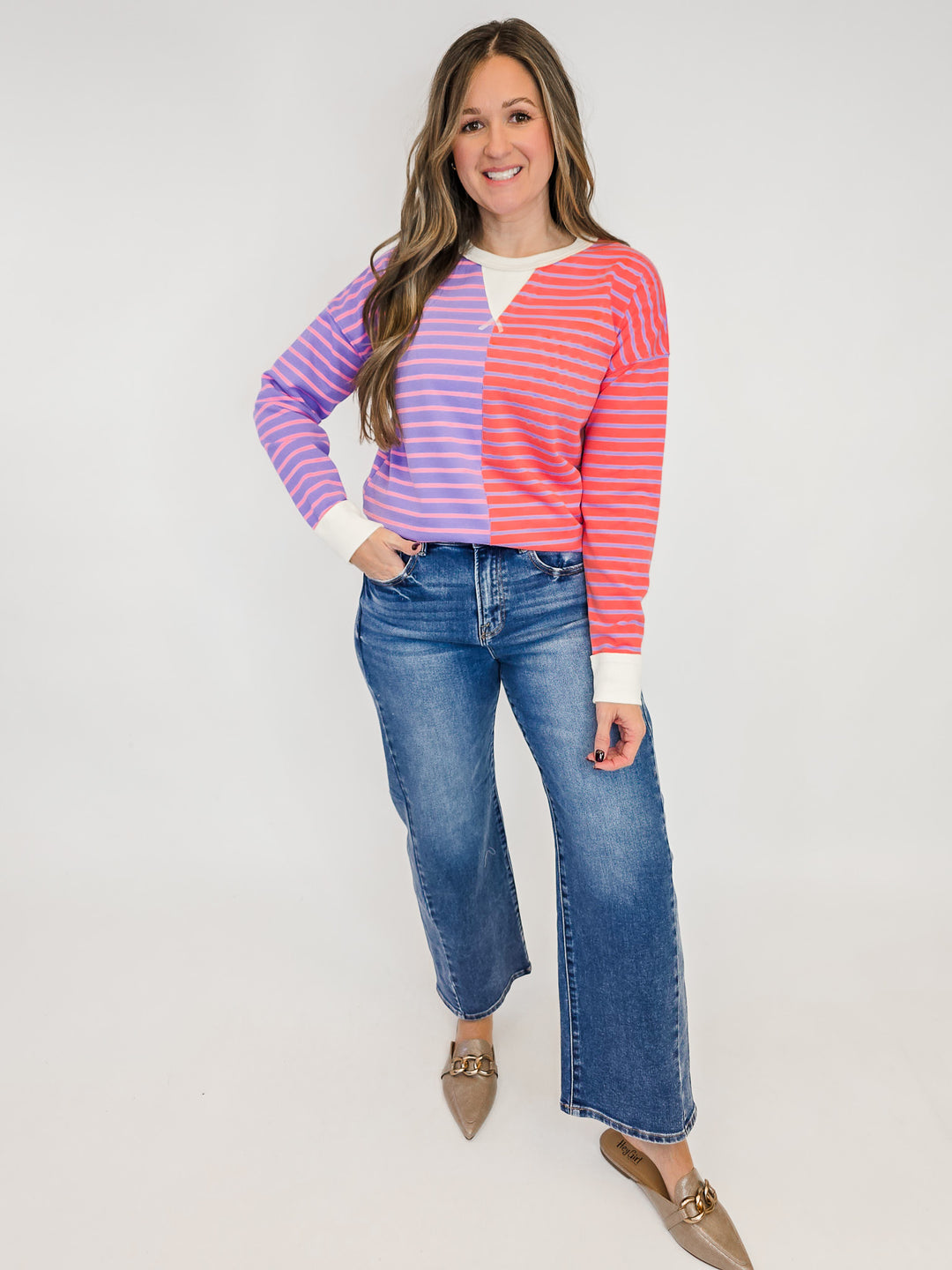 COLOR TRIMMED STRIPE BLOCKED SWEATSHIRT - PURPLE/VANILLA