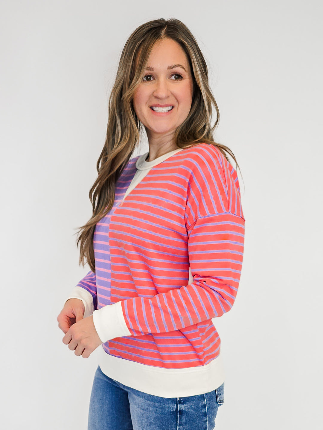 COLOR TRIMMED STRIPE BLOCKED SWEATSHIRT - PURPLE/VANILLA