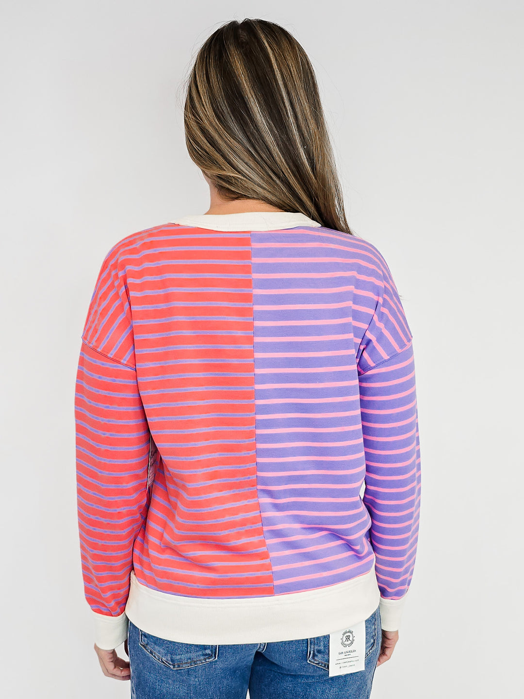 COLOR TRIMMED STRIPE BLOCKED SWEATSHIRT - PURPLE/VANILLA