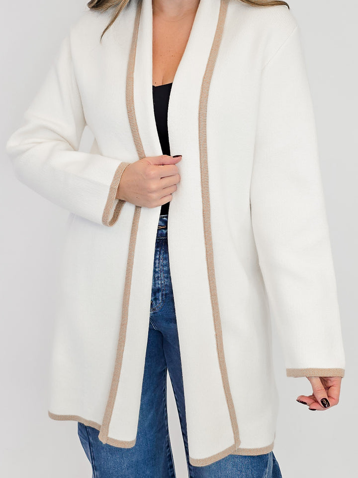 HEAVY KNIT CARDIGAN W/BLACK HEM STRIPE - CREAM