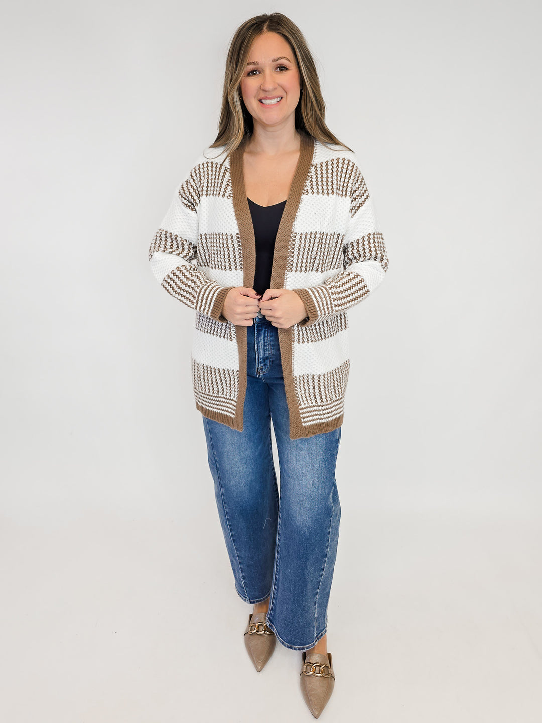 COLOR BLOCK KNIT OPEN CARDIGAN - MOCHA