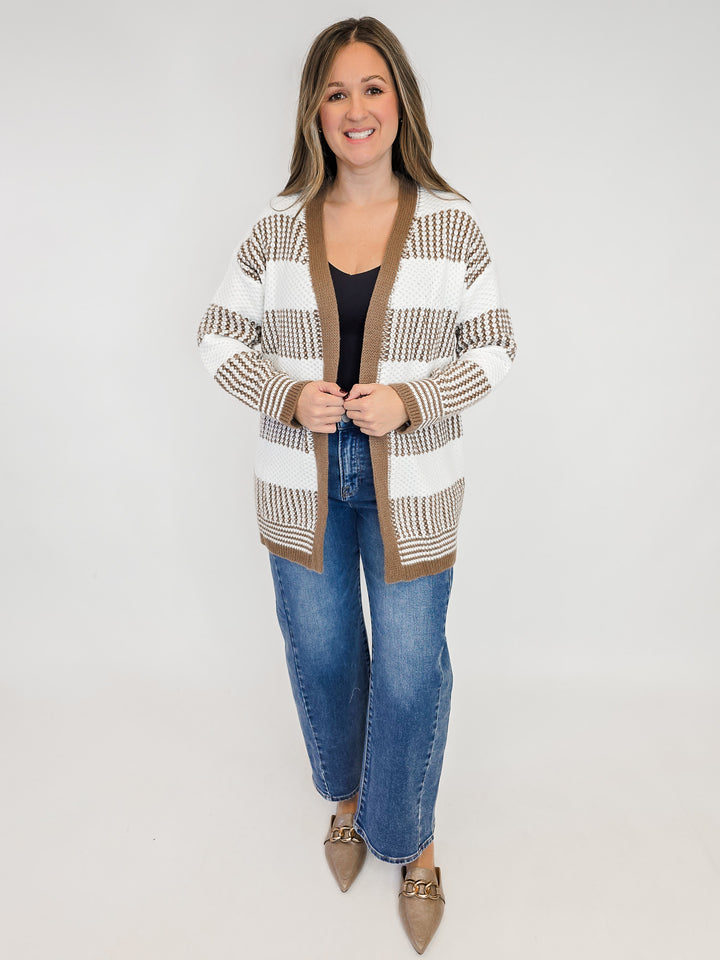 COLOR BLOCK KNIT OPEN CARDIGAN - MOCHA