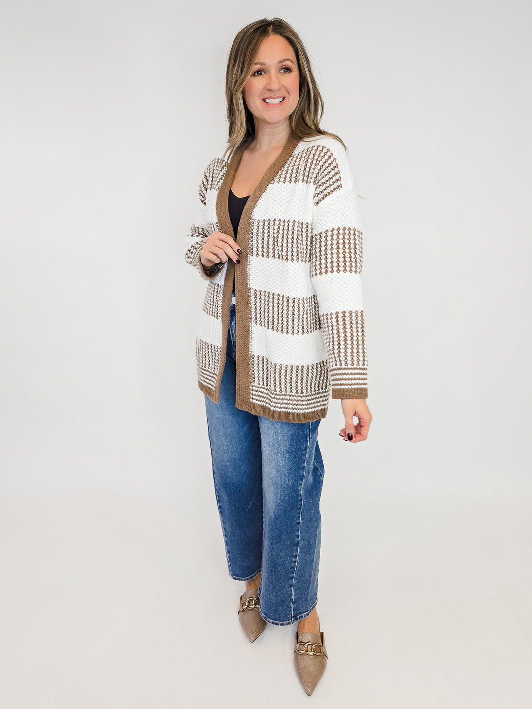 COLOR BLOCK KNIT OPEN CARDIGAN - MOCHA