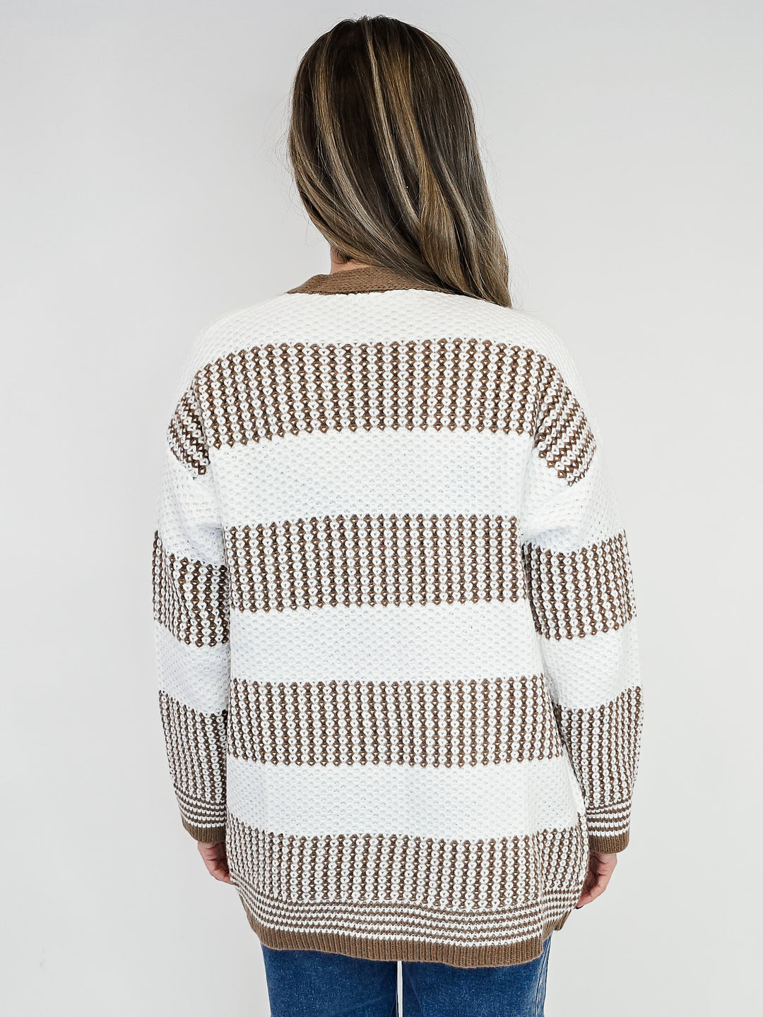COLOR BLOCK KNIT OPEN CARDIGAN - MOCHA