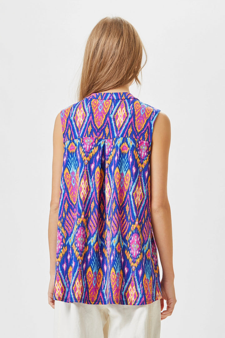 DEAR SCARLETT STRETCHY SLEEVELESS LIZ TOP - ROYAL BLUE/MAGENTA GEO PRINT