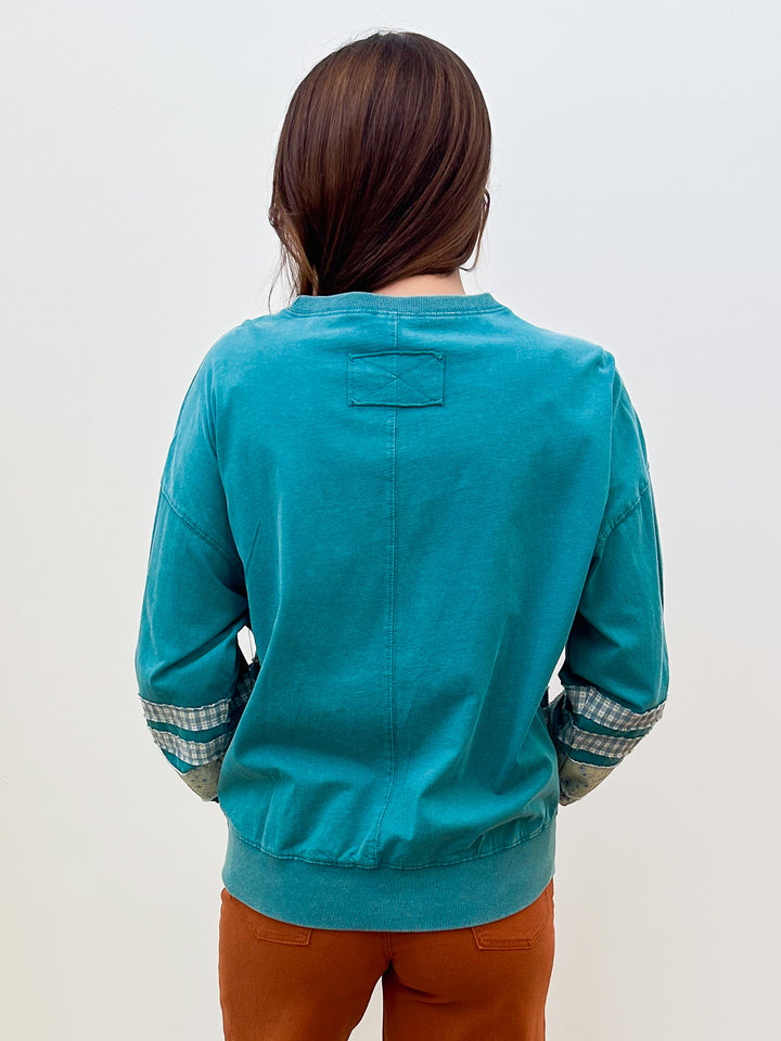 LONG SLEEVE MIXED PATCH TERRY PULLOVER - TEAL BLUE