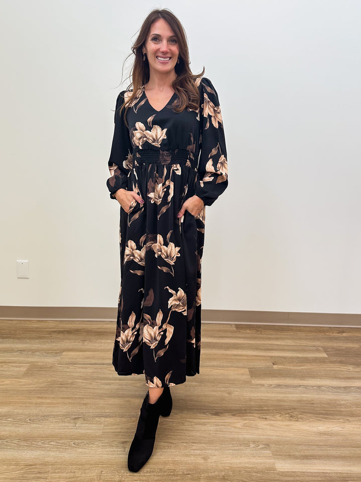L/S WOVEN SMOCKED MAXI DRESS - BLACK