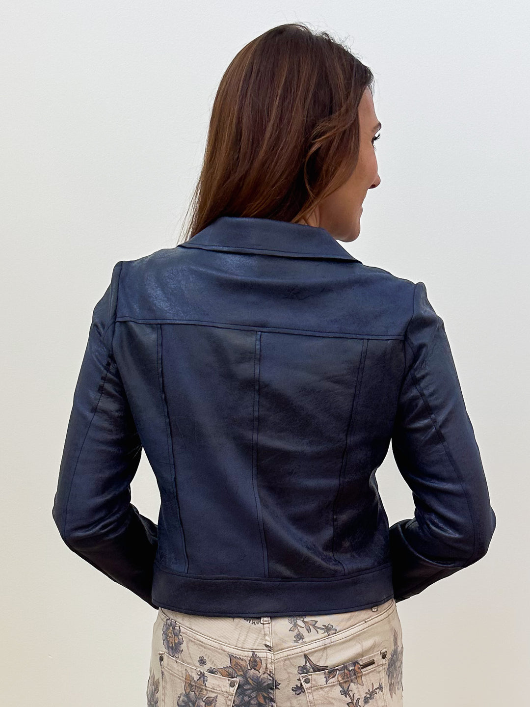 COLLARED FAUX SUEDE JACKET - NAVY
