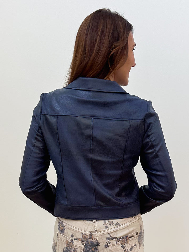 COLLARED FAUX SUEDE JACKET - NAVY