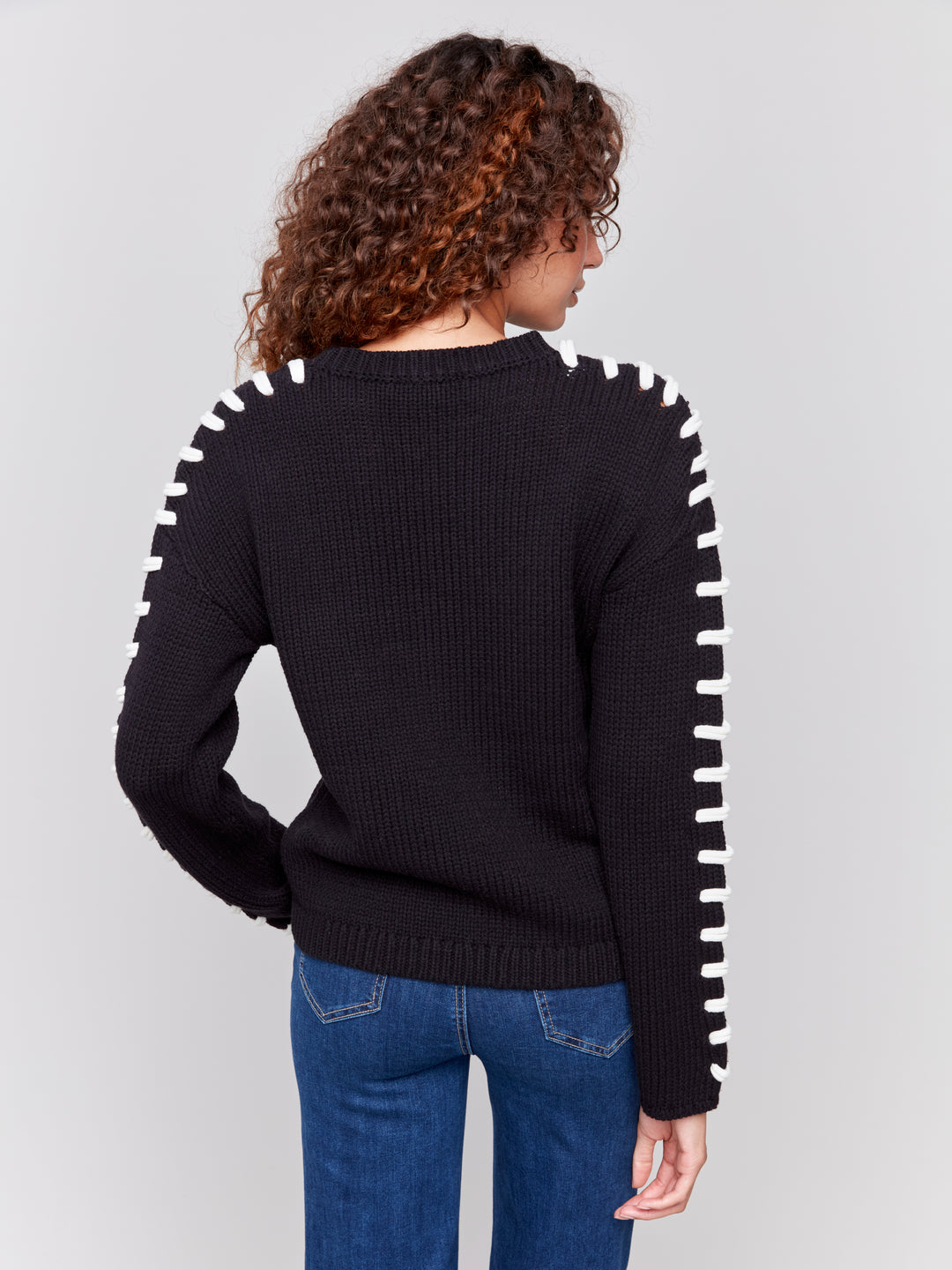 COTTON KNIT SWEATER W/SHOULDER STITCH DETAIL - BLACK