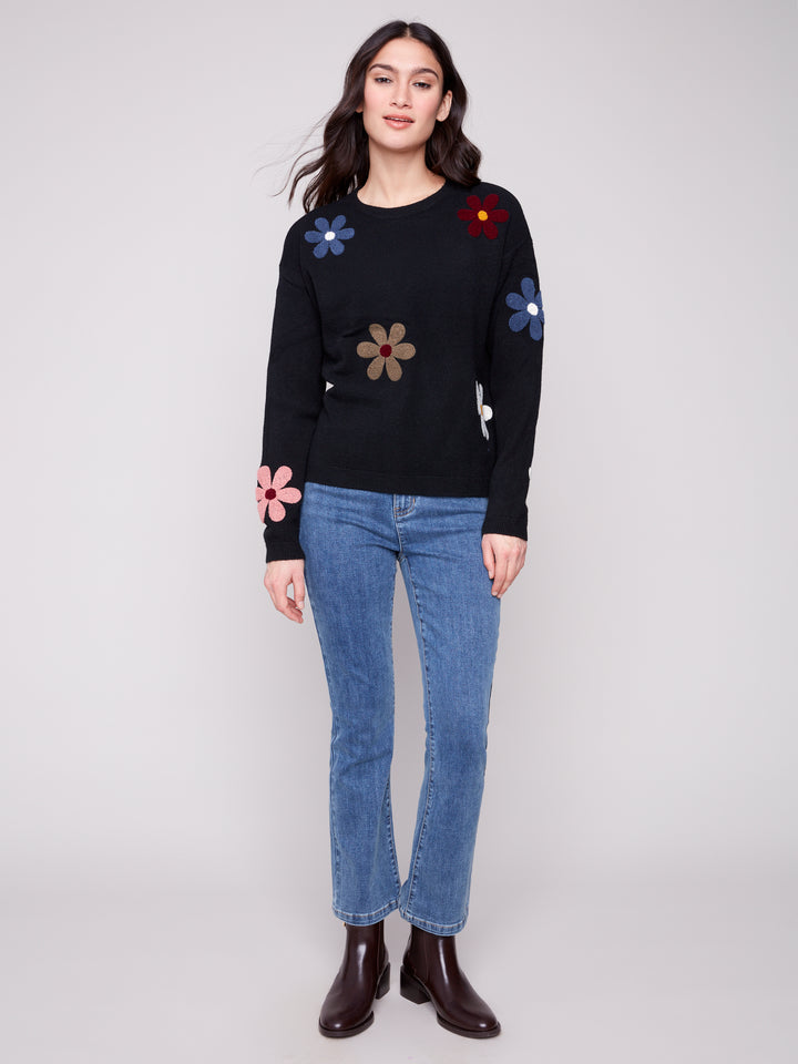 SUPER PLUSH SWEATER W/BOUCLE FLOWERS - BLACK