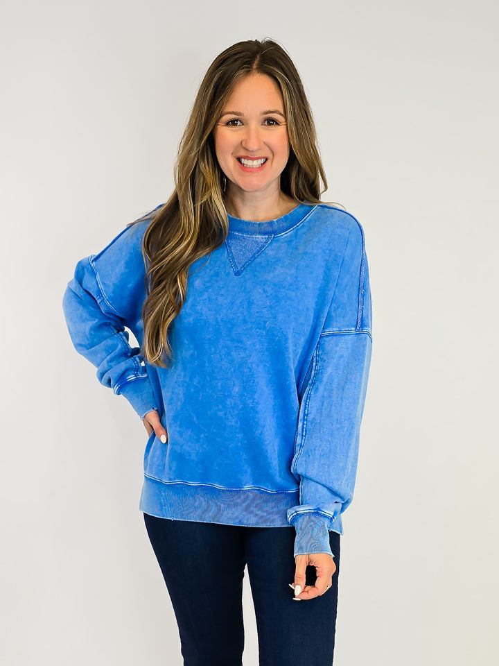 MINERAL WASHED TERRY PULLOVER - DAY BLUE