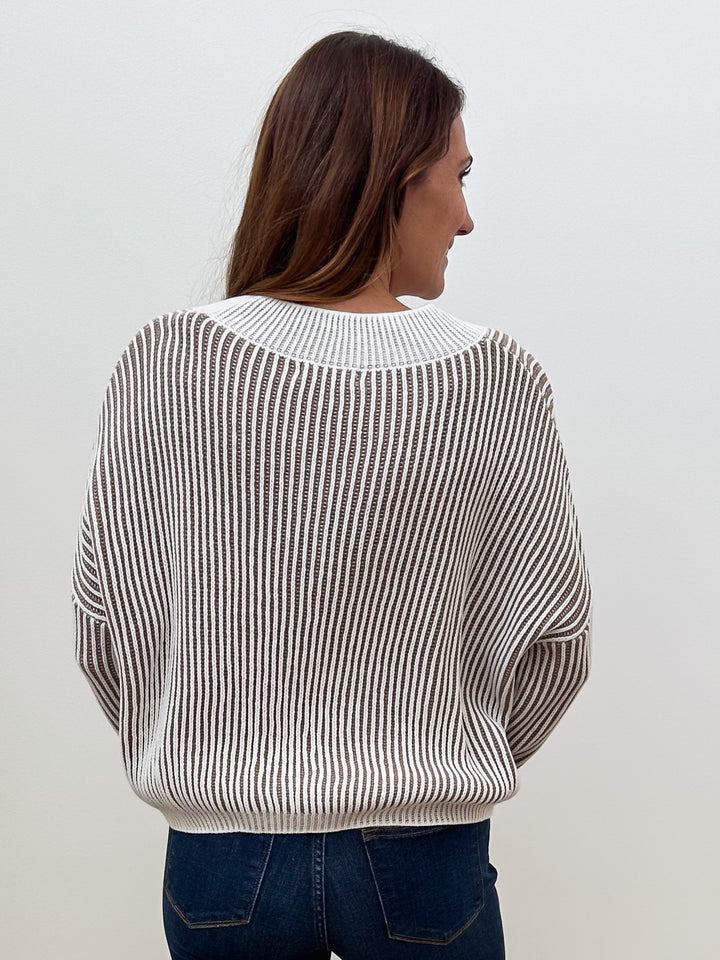 L/S STRIPED V-NECK RIBBED SWEATER - TAUPE