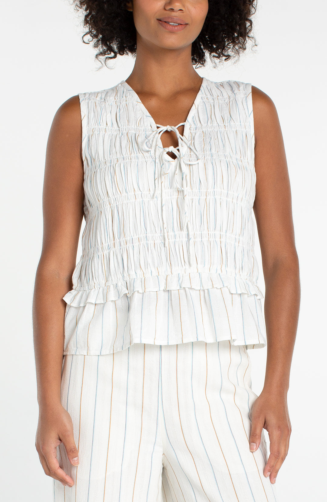 SLEEVELESS TIE FRONT WOVEN TOP - CREAM/BLUE STRIPE