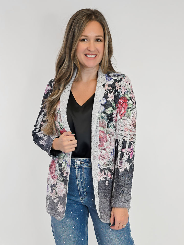 LACE & SEQUIN FLORAL BLAZER - CHARCOAL