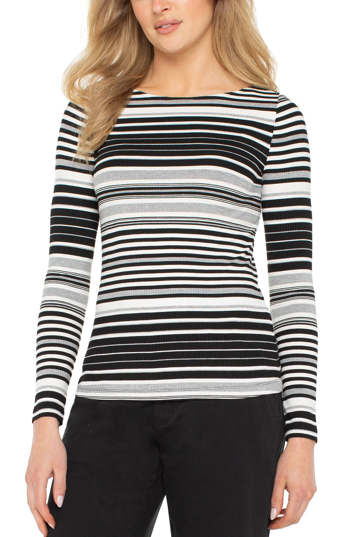 LONG SLEEVE BOATNECK KNIT TOP - BLACK/WHITE VINTAGE STRIPES