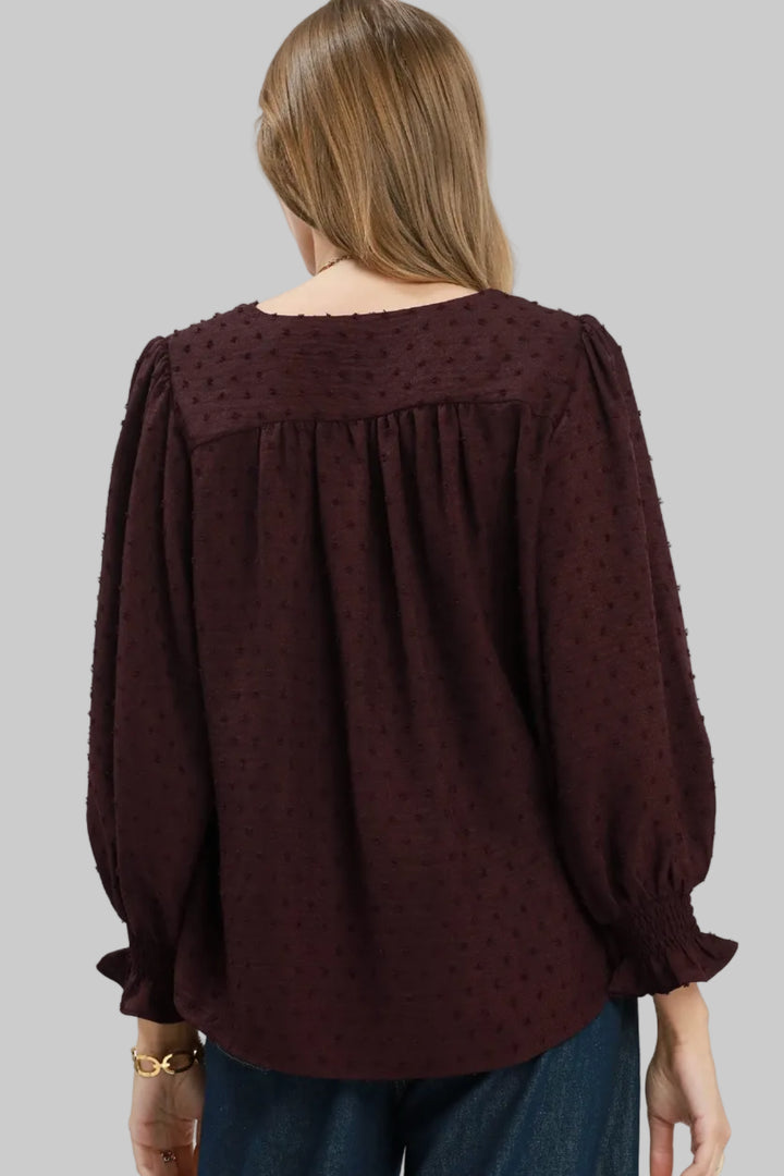 LONG PUFF SLEEVE LACE CROCHET TOP - BURGUNDY
