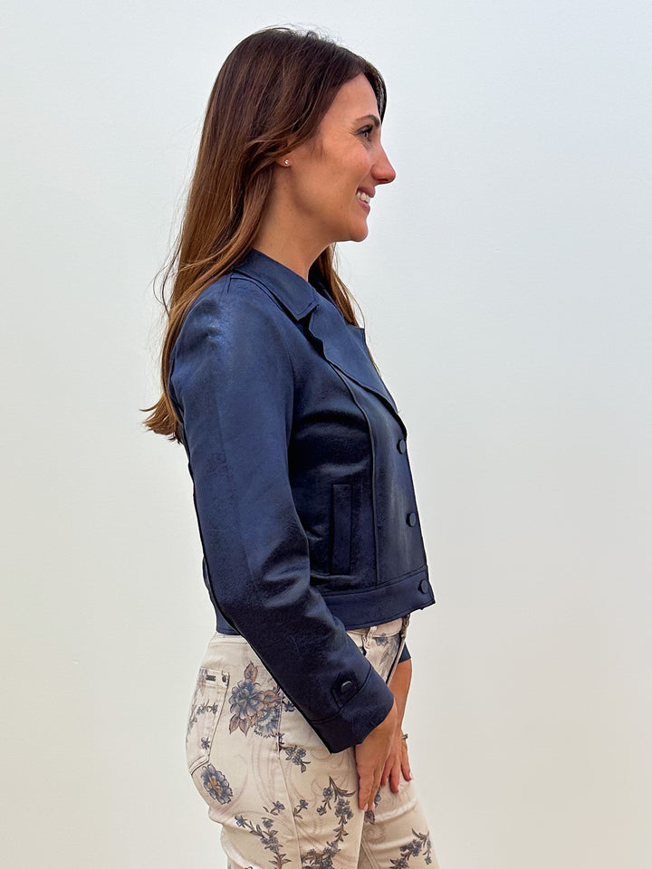 COLLARED FAUX SUEDE JACKET - NAVY