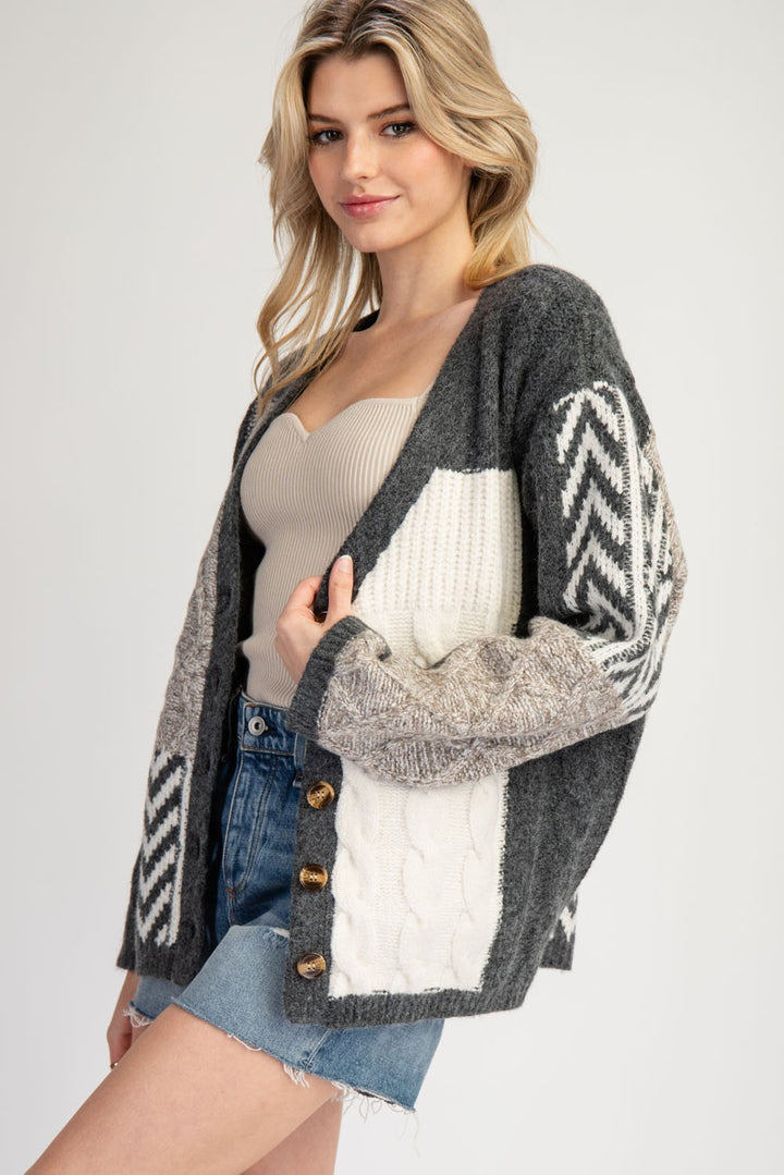 MIXED TEXTURED BOXY CARDIGAN SWEATER - STORM