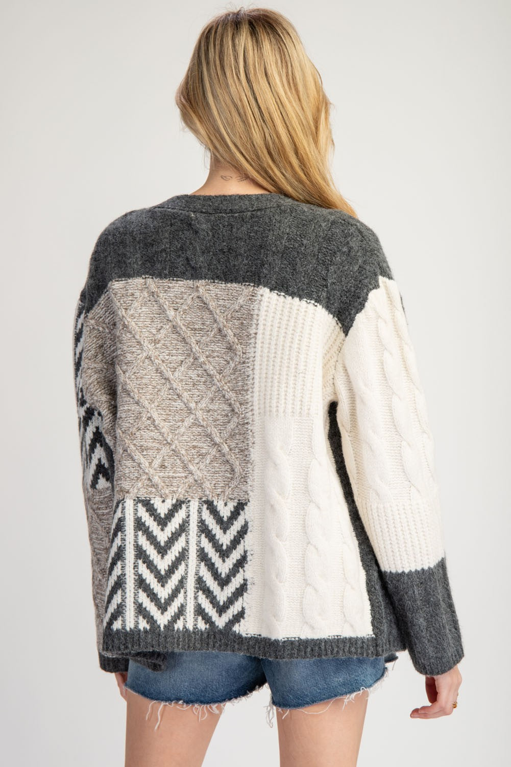 MIXED TEXTURED BOXY CARDIGAN SWEATER - STORM