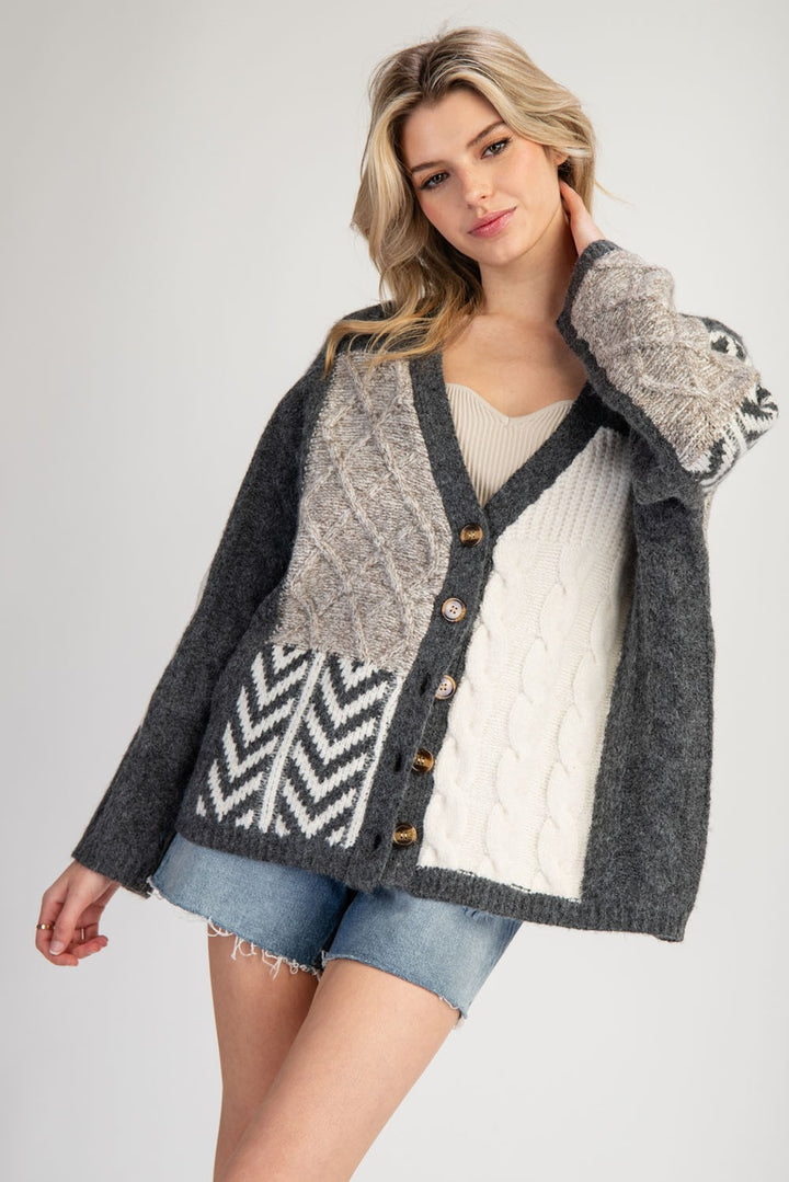 MIXED TEXTURED BOXY CARDIGAN SWEATER - STORM