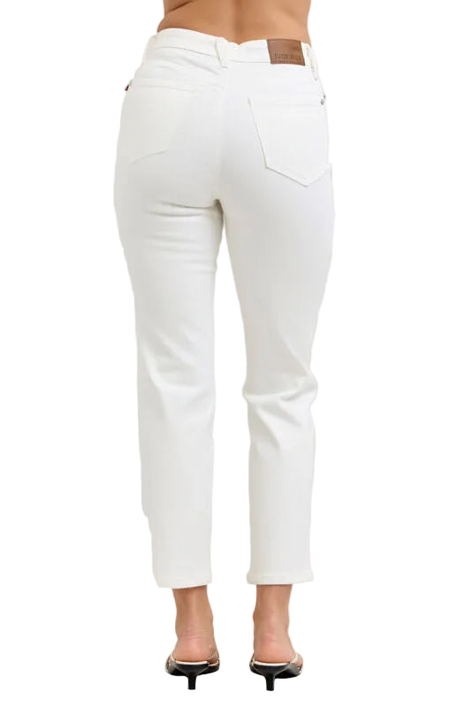 JUDY BLUE HW TUMMY CONTROL ANKLE STRAIGHT JEANS - 28" INSEAM - WHITE