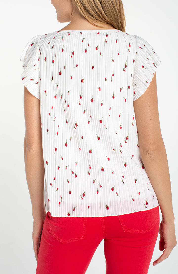FLUTTER SLEEVE BOAT NECK KNIT TOP - WHITE/RED FLORAL