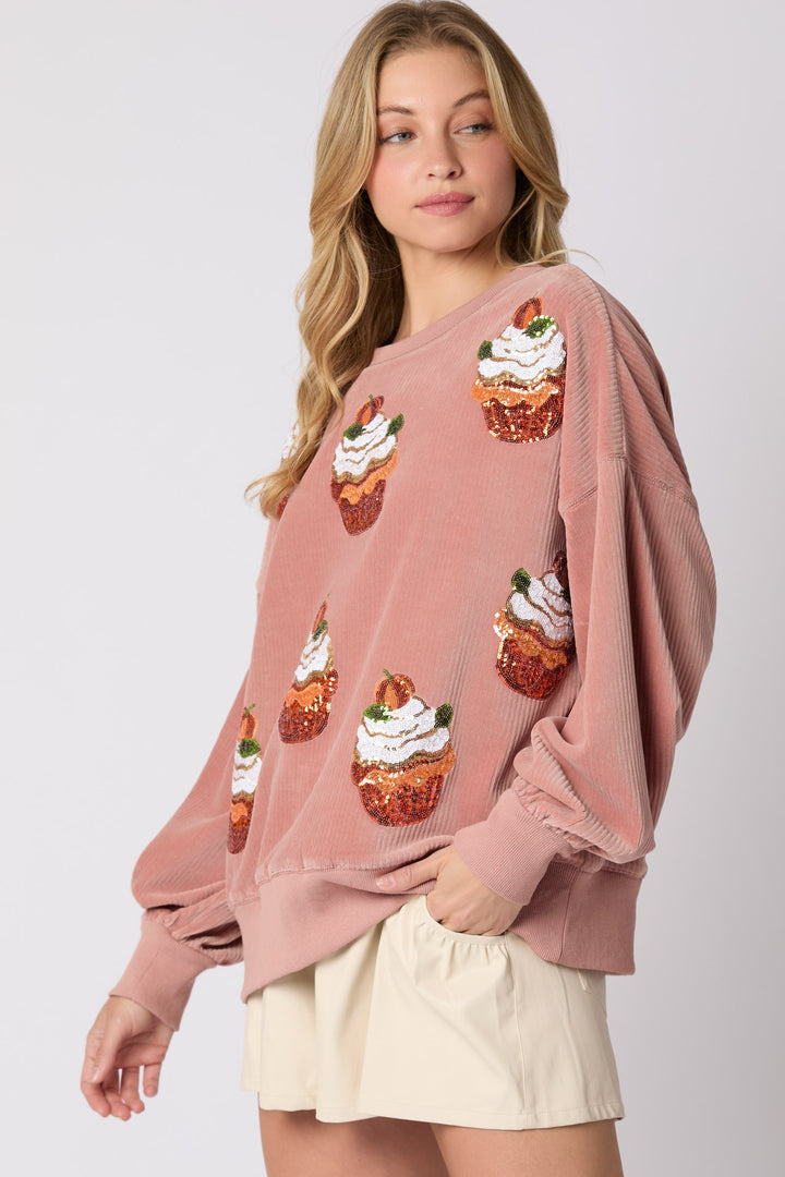 OVERSIZED PUMPKIN CUPCAKE SEQUIN SWEATSHIRT - MAUVE