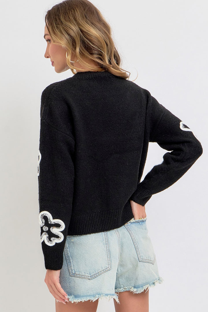 SEQUINS FLORAL SWEATER - BLACK