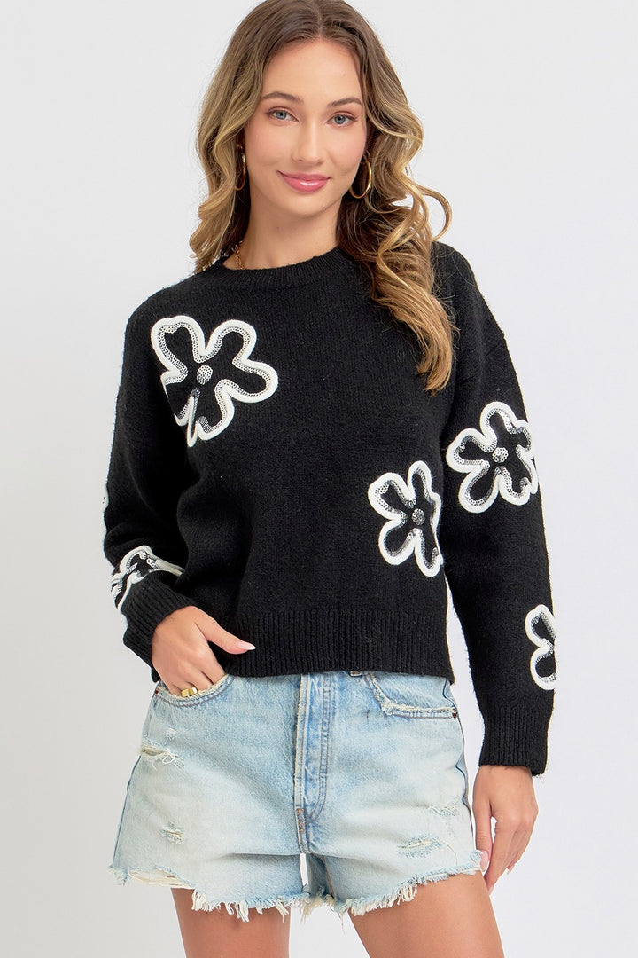 SEQUINS FLORAL SWEATER - BLACK