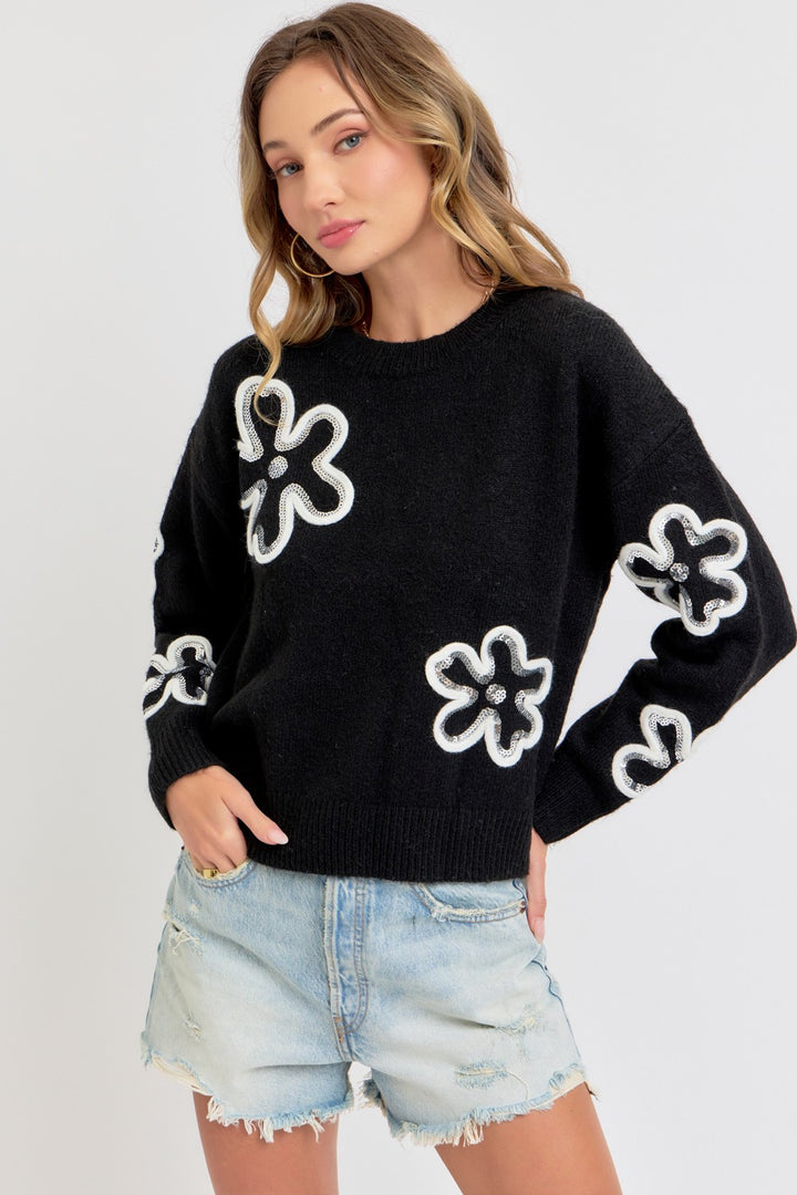 SEQUINS FLORAL SWEATER - BLACK