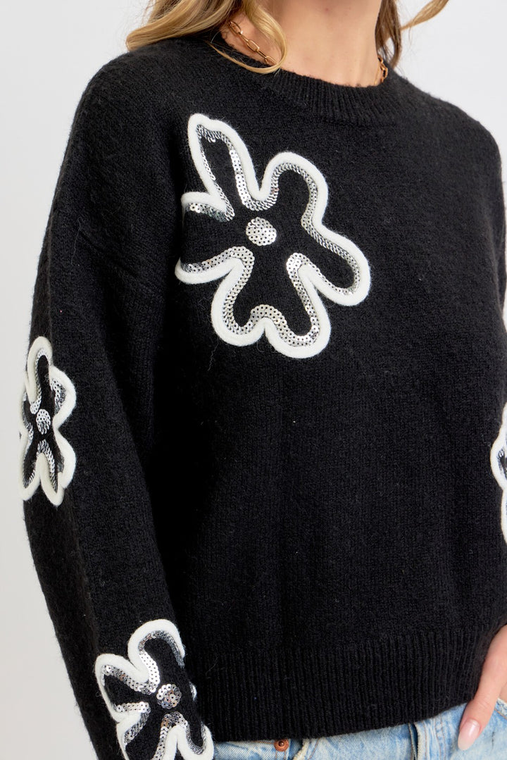 SEQUINS FLORAL SWEATER - BLACK