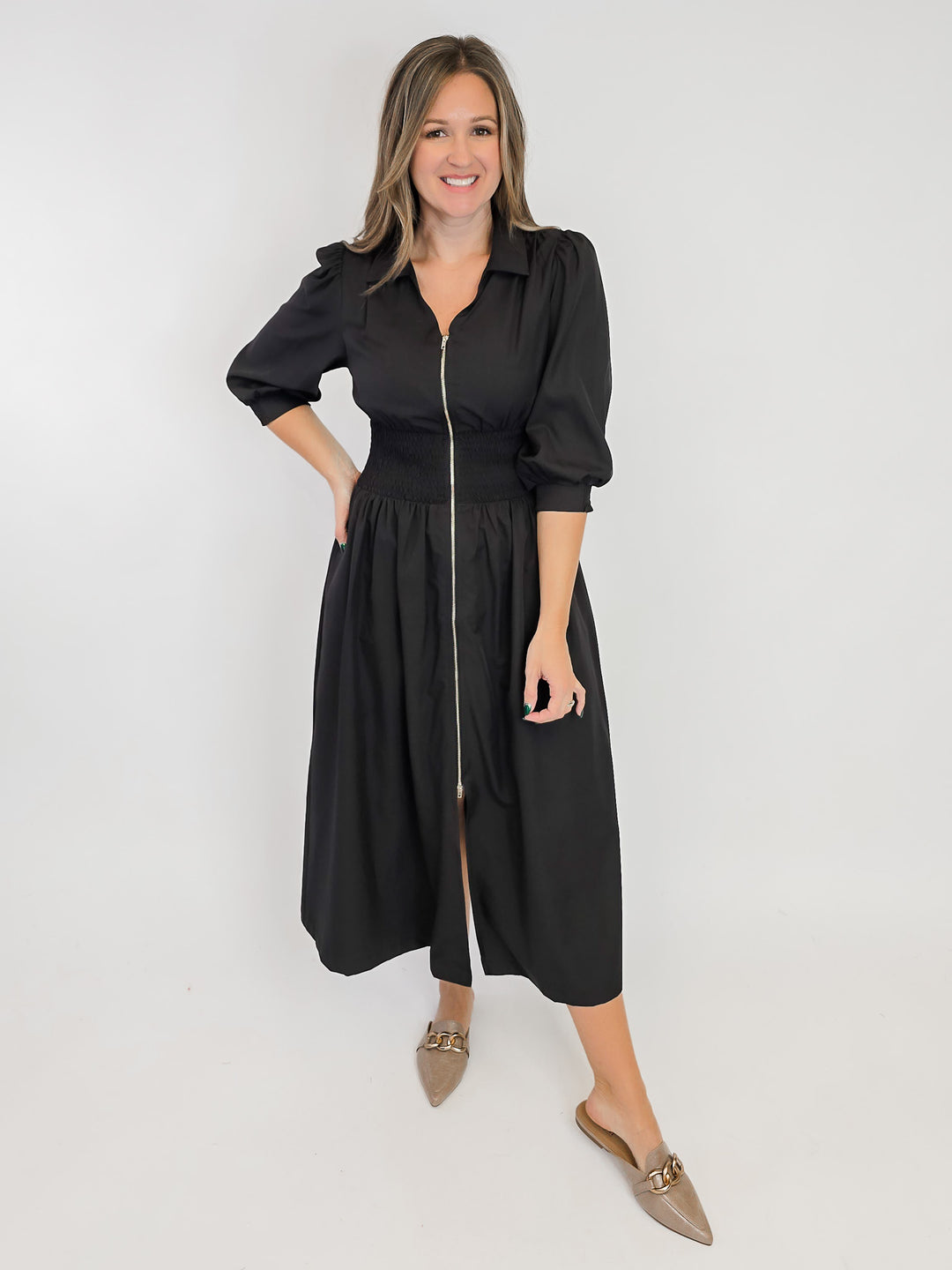 SMOCKED WAIST MIDI DRESS W/ZIP - Black SMALL SMOCKED WAIST MIDI DRESS W/ZIP - Black SMALL