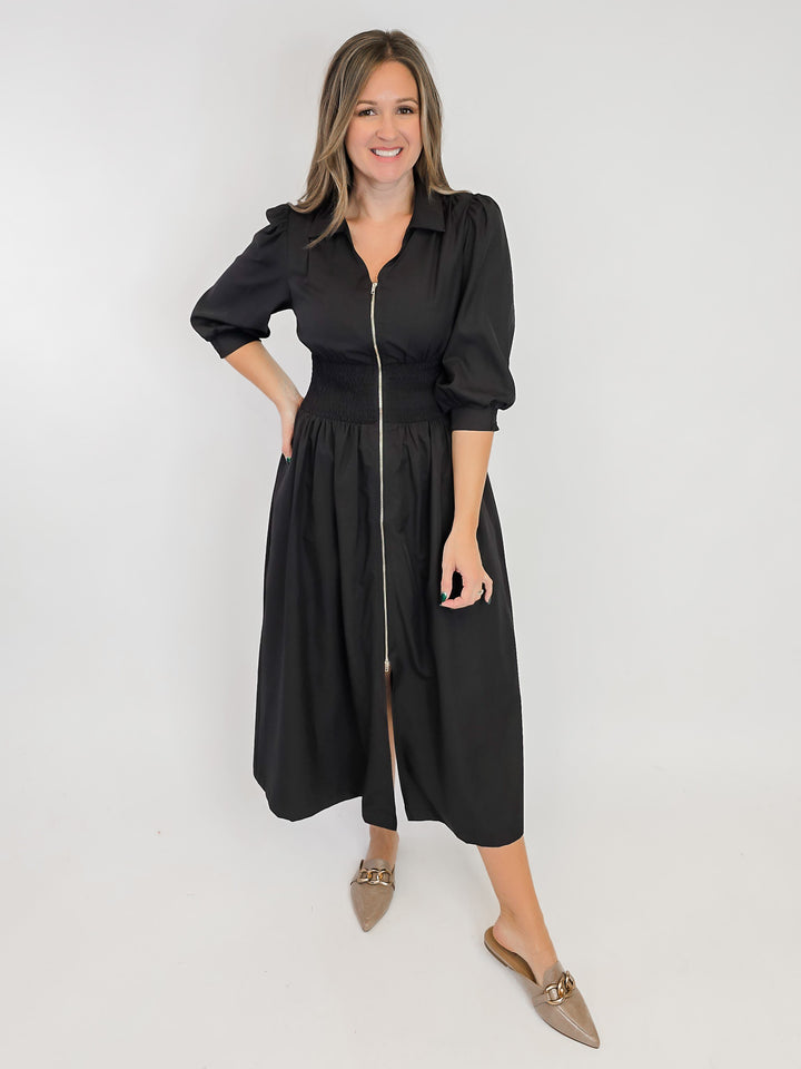 SMOCKED WAIST MIDI DRESS W/ZIP - BLACK